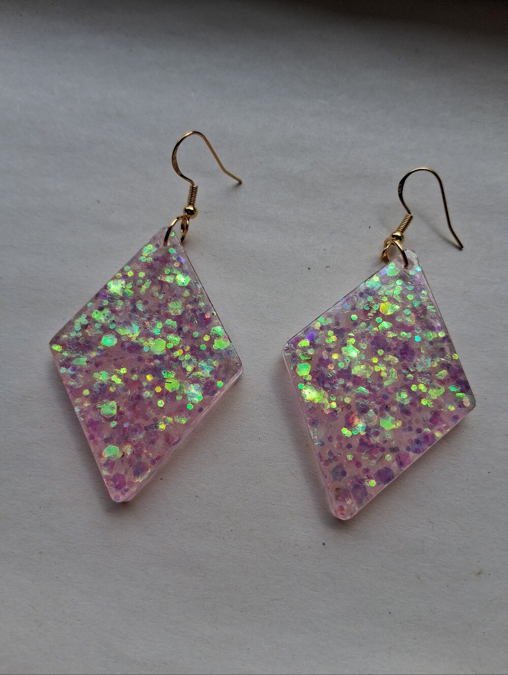 Hand Crafted Pink Iridescent Glitter Diamond Drop Earrings